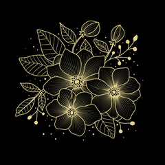 Luxury floral engraving illustration in gold line art style