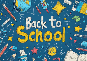 ayful and engaging "Back to School" text design surrounded by hand-drawn doodles, including stars, a globe, pencils, and various school-related elements. The whimsical layout evokes creativity and exc