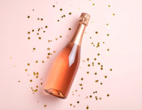 Champagne bottle on pink background with gold confetti - Powered by Adobe