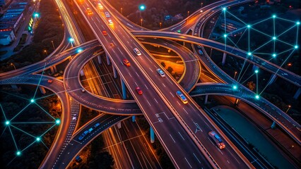 Aerial view of smart highway interchange at night with connected data points and digital infrastructure
