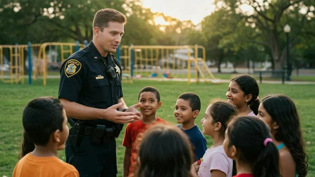 Friendly police officer talking with a diverse group of young children in a park. Community policing and building trust with youth.