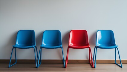 Obraz premium four modern plastic chairs aligned with a white wall on a wooden floor