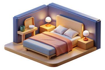 Cozy bedroom scene with a bed, nightstands, lamps, and a plant isolated on transparent background