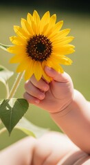 Fototapeta premium Baby's First Sunflower: Tiny Hand Holds Bright Yellow Bloom in Soft Light