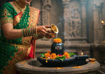 South Asian Woman Performing Shiva Lingam Ritual with Holy Water in Traditional Temple Setting