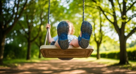 Child's Feet on Swing, Blue Sandals, Green Park, Summer Day, Joyful Moment.