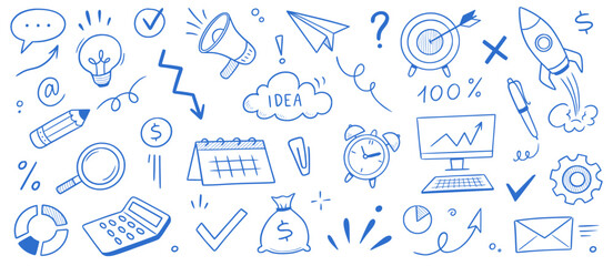 Business sketch icon money and idea set. Hand drawn sketch elements for team, goal, startup and success. Business icon chart, office clock, rocket progress job concept. Vector illustration