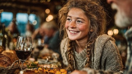 A happy girl at a Thanksgiving feast