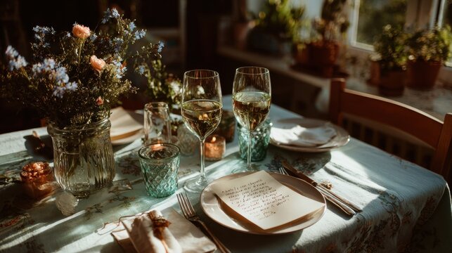 Romantic table setting with wine glasses, handwritten note, floral centerpiece, and soft natural light creating warm cozy atmosphere