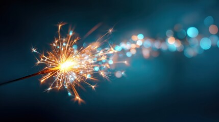 Sparklers glowing brightly with golden sparks and blue bokeh lights on dark background creating festive and magical atmosphere