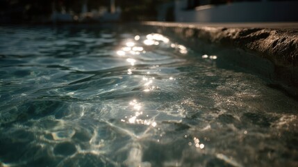 Fototapeta premium Pool water ripple with sunlight reflections creating calm and relaxing atmosphere near edge of pool surface