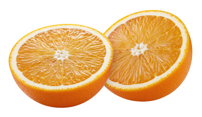 Fototapeta premium Cut Orange Showing Inside Detail and Juicy Pulp, Half and Full Fruit Illustration, Fresh Citrus Fruit on Transparent Background, Realistic Orange Slice, Healthy Tropical Food Art