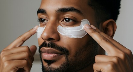 A man applying a revitalizing mask under his eyes, eye patch detail and refreshed expression highlighted, self care and grooming theme, 
