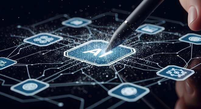Artificial intelligence concept shows AI icon being activated with a digital pen on a connected interface platform