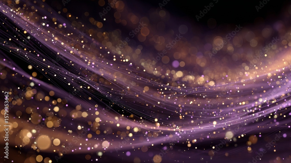 Poster dark violet purple background with glowing golden threads and light particles creating a mysterious,