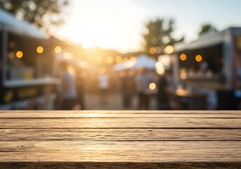 Wooden tabletop in sharp focus with a blurred background of a lively outdoor food truck festival illuminated by string lights.