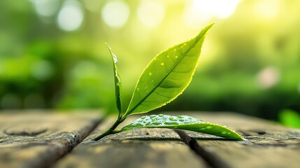 Fototapeta premium Delicate tea leaf with morning dew on rustic wood, soft sunlight, blurred greenery, serene natural atmosphere.
