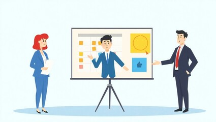 Business professionals presenting project plan with sticky notes and like icon