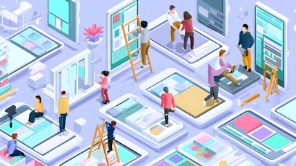 Obraz premium Isometric Young People Working on Smartphones | Mobile App Advertising and Web Design Vector Set