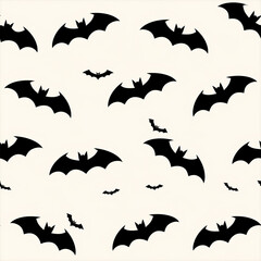 Naklejka premium Seamless Halloween pattern, flying bats, black silhouettes on light background, flat minimal vector 