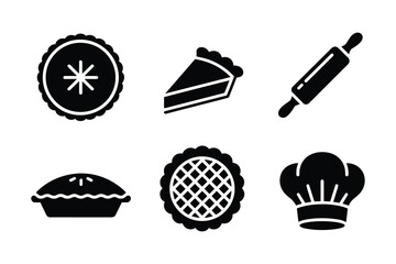 Baking icons silhouette of pies rolling pin and chef hat slice of pie