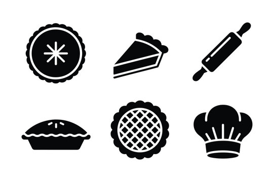 Baking icons silhouette of pies rolling pin and chef hat slice of pie