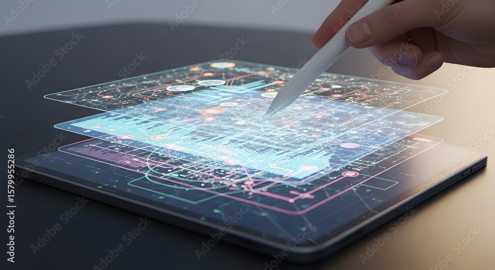 Poster digitally sketching on a layered tablet with stylus for innovative solutions and modern tech advance