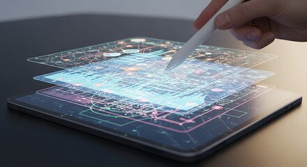 Digitally sketching on a layered tablet with stylus for innovative solutions and modern tech advancements, showing a futuristic digital interface