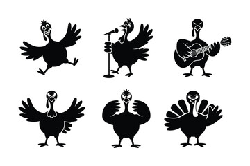 Black turkey silhouettes engaged in various activities white background singing