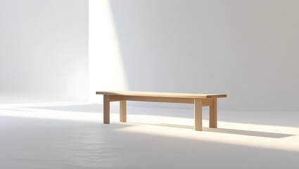 Wooden bench on white background with sunlight
