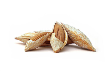 A healthy pile of whole raw almonds in shells, some cracked open to show the nut.