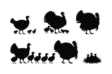 Turkeys and chicks silhouettes baby birds poultry