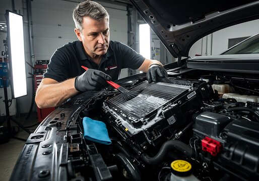 Mechanic cleaning a car radiator with a brush and foam. Wearing blue gloves and face mask for hygiene in an auto repair workshop. - Powered by Adobe