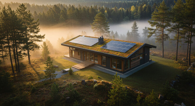 Modern log cabin in misty forest at sunrise