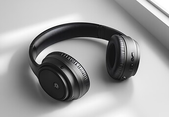 Black over ear wireless headphones mockup in bright natural light

