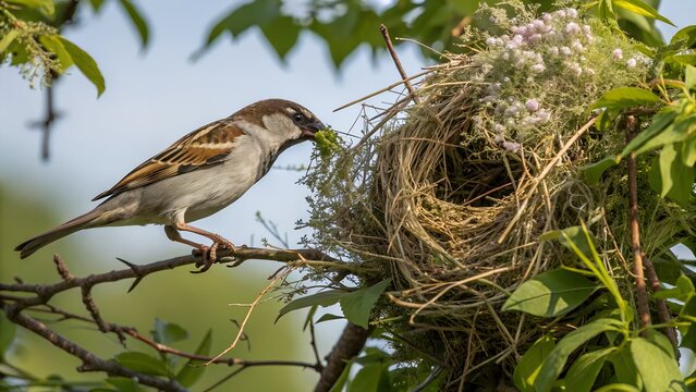 House Sparrow Building Nest with Twigs Brown Bird Action