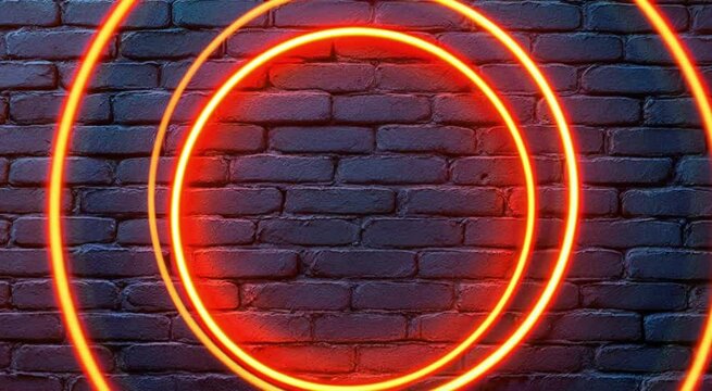 Glowing neon circles overlayed on a dark brick wall illuminated in red light