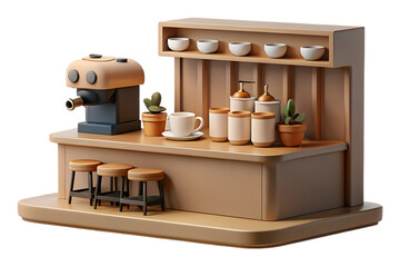 A 3d render of a coffee shop counter with stools and a machine isolated on transparent background
