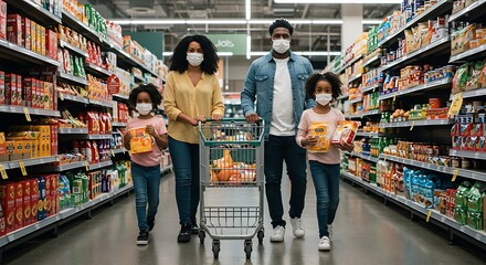 A family wearing face masks while grocery shopping, pushing a cart filled with food items, practicing pandemic safety protocols, bright and realistic, 