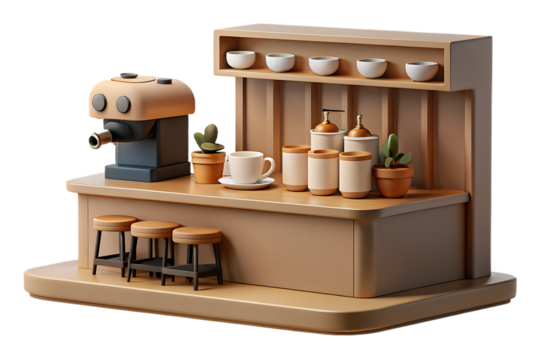 A 3d render of a coffee shop counter with stools and a machine isolated on transparent background
