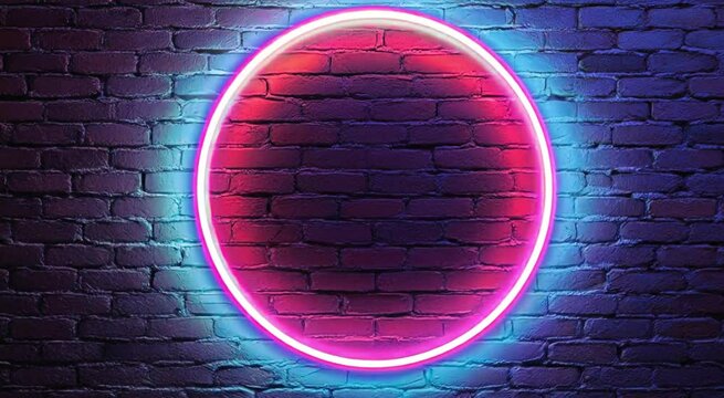 Neon circle sign glowing against a weathered brick wall with vibrant colorful lighting