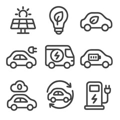 Electric car and eco friendly transportation icons for showcasing sustainable vehicle designs. Suitable for environmental presentations or transportation branding materials.