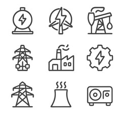 These nine line drawings depict various energy sources and infrastructure, perfect for illustrating power generation concepts and educational materials.