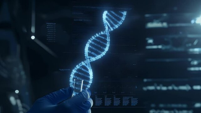 DNA double helix displayed on a screen, held by a gloved hand