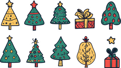 Hand Drawn Christmas Tree and Gift Pattern on White Background