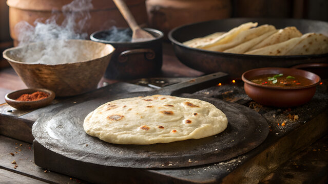 Fresh Roti Puffing on Traditional Tawa &ndash; Authentic South Asian Flatbread Cooking Photo