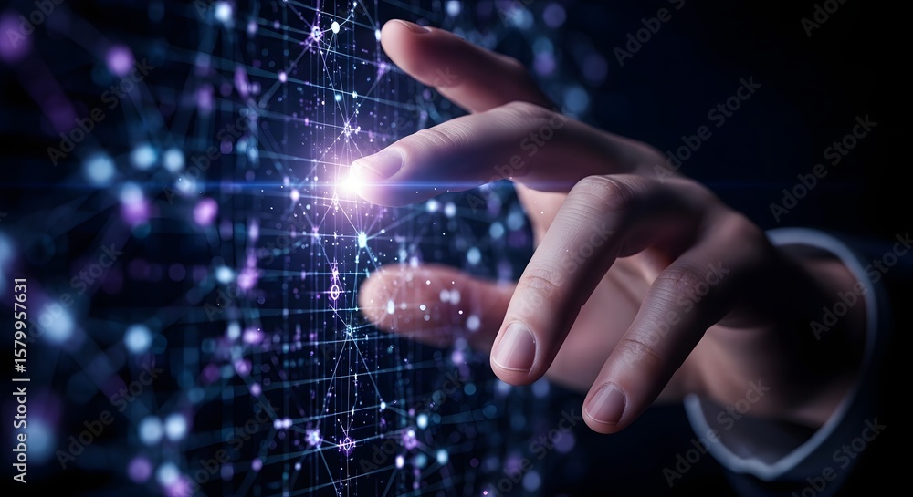 Poster person touching a digital network, futuristic technology connecting dots on the internet with data p
