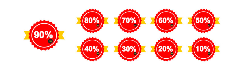 Red Discount Sale Badges Set with Percentage Labels from 10% to 90%