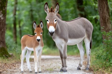 Donkey mother and her foal standing on a path in a forest