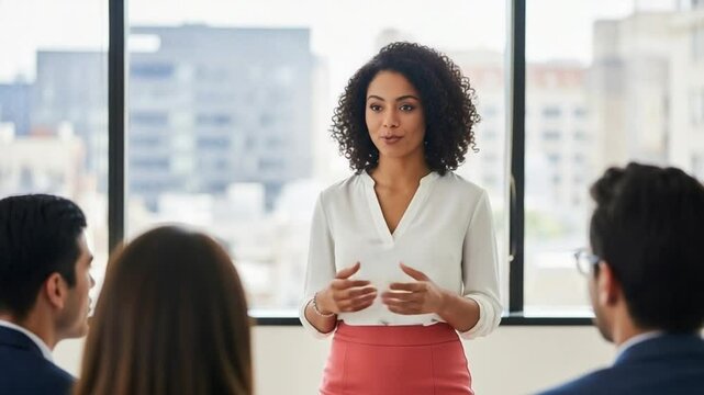 Confident Professional Woman Delivering a Dynamic Presentation in a Bright Modern Office Setting
